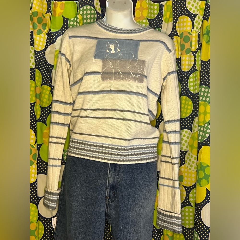 B25 Lot 29 Sweater Vintage Y2K Cream with Blue Sylvester Size L